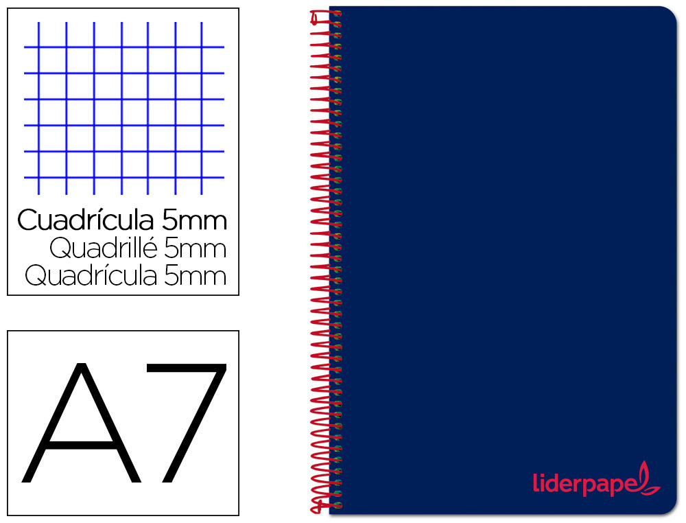 CADERNO ESPIRAL LIDERPAPEL WONDER MICRO DIN A7 CAPA PLASTICO 100 F 90 GR QUADRICULA 5MM 4 BANDAS DE CORES COR AZUL MARIN