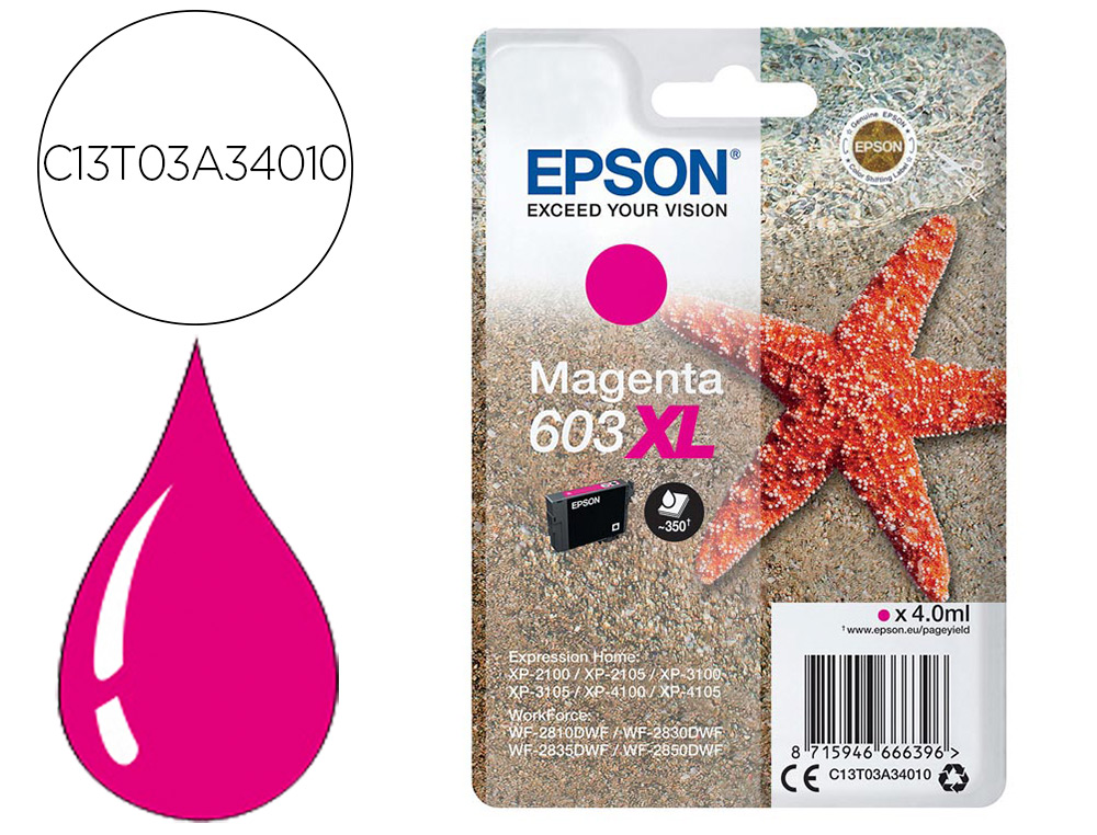 TINTEIRO EPSON 603XL XP-2100 / 2105 / 3100 / 4100 / WF-2810 / 2830 / 2835 / 2850 MAGENTA 350 PAGINAS