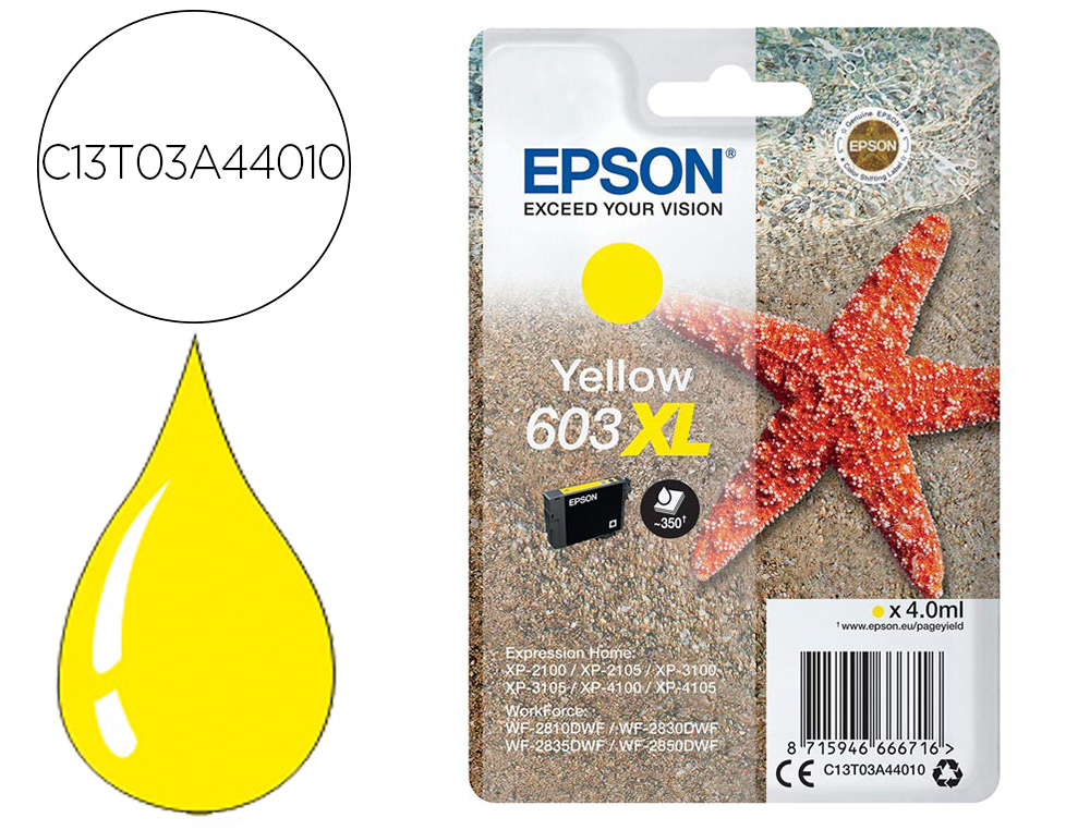 TINTEIRO EPSON 603XL XP-2100 / 2105 / 3100 / 4100 / WF-2810 / 2830 / 2835 / 2850 AMARELO 350 PAGINAS