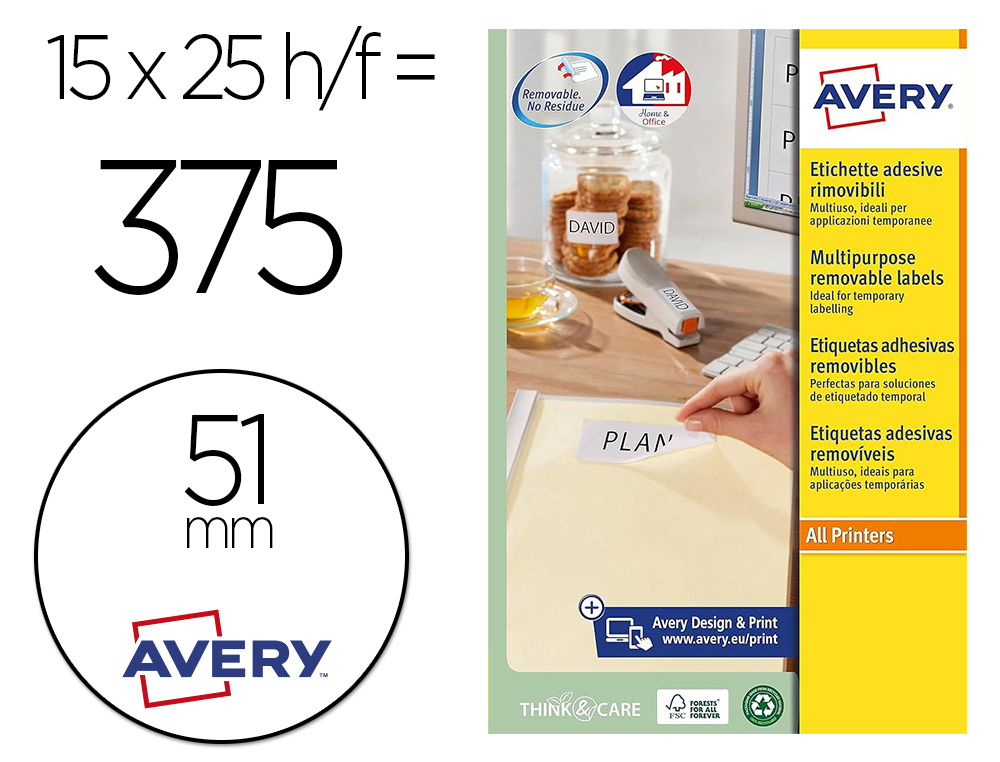 ETIQUETA ADESIVA AVERY BRANCA REDONDA REMOVIVEL PARA IMPRESSORA LASER INJEO DE TINTA E FOTOCOPIADORA 51 MM