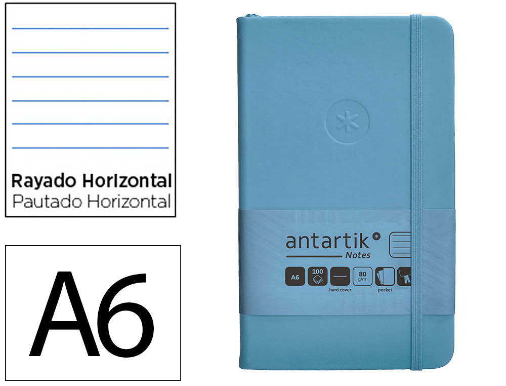 CADERNO COM ELASTICO ANTARTIK NOTES CAPA DURA A6 PAUTADO AZUL CLARO 100 FOLHAS 80 GR FSC