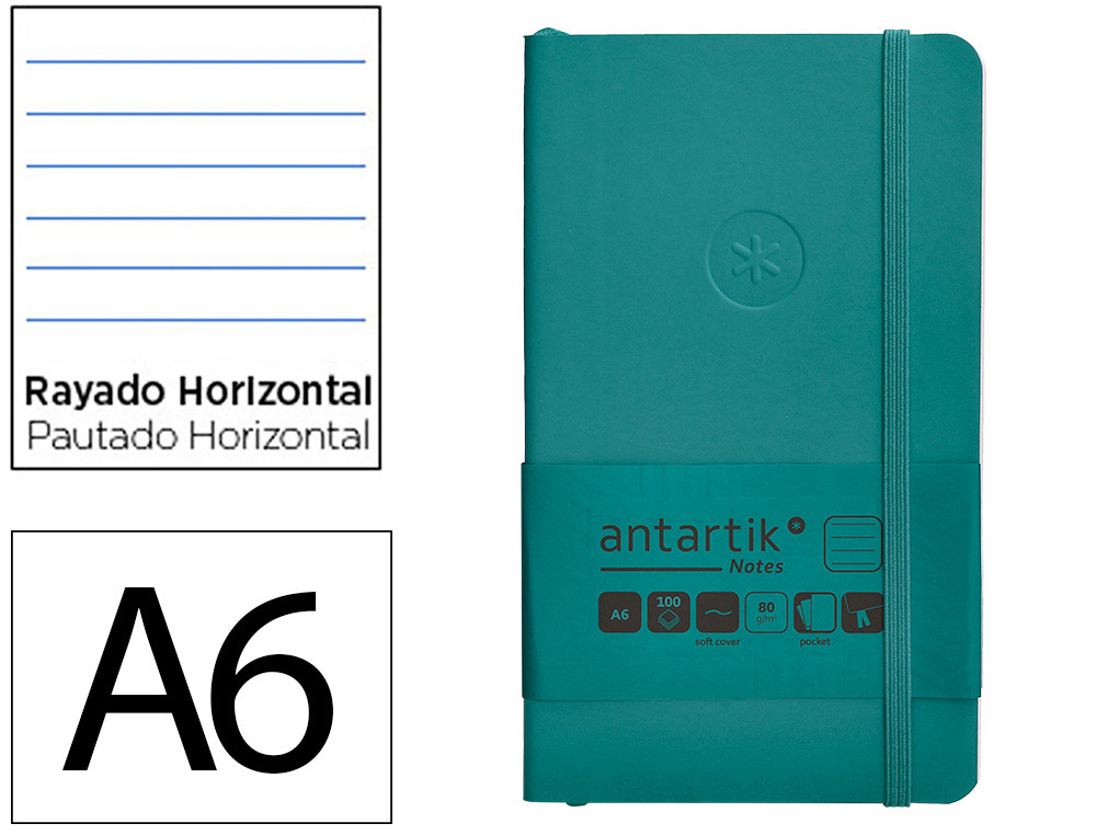 CADERNO COM ELASTICO ANTARTIK NOTES CAPA MOLE A6 PAUTADO VERDE AGUA-MARINHA 100 FOLHAS 80 GR FSC