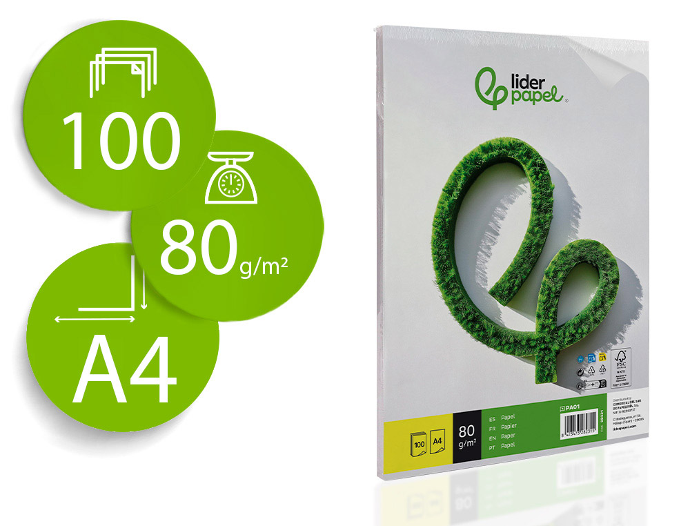 PAPEL LIDERPAPEL DIN A4 80 GR EMBALAGEM DE 100 FOLHAS
