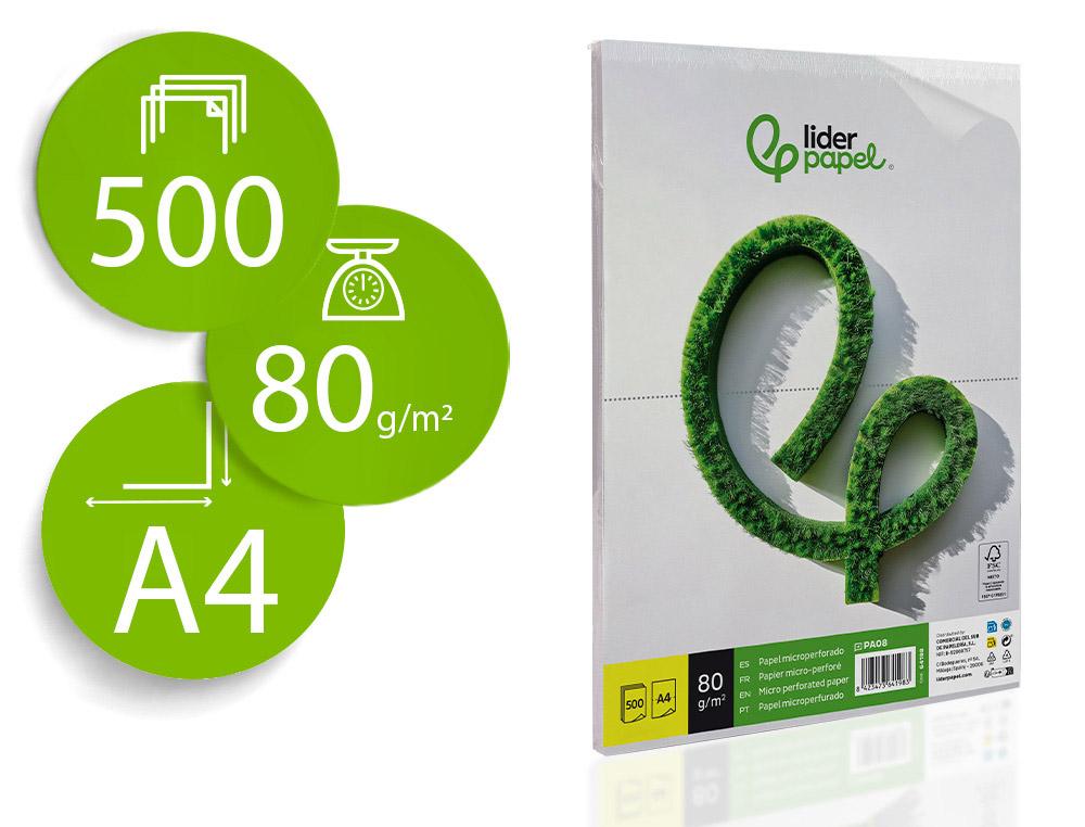 PAPEL LIDERPAPEL DIN A4 80 GR BRANCO MICROPERFURADO EM DUAS PARTES IGUAIS EMBALAGEM DE 500 FOLHAS