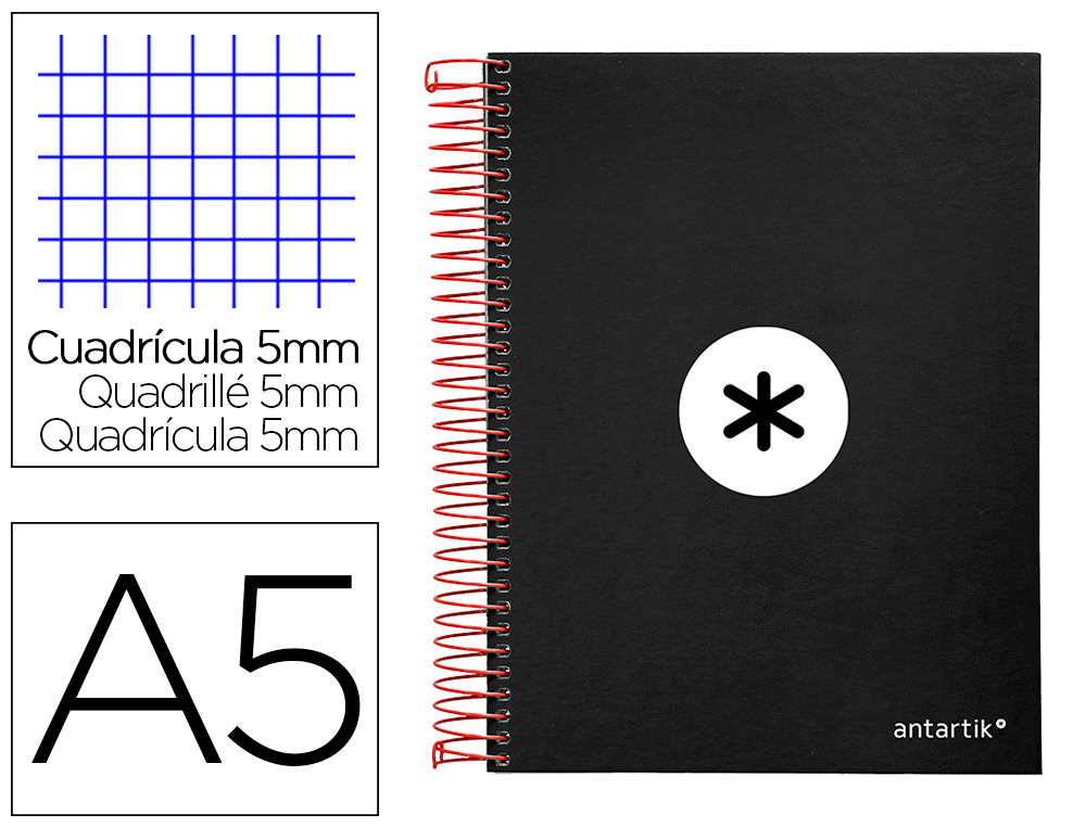 CADERNO ESPIRAL DIN A5 ANTARTIK CAPA FORRADA 120 F 100 GR QUADRICULA 5 MM 5 BANDAS DE CORES COR PRETO