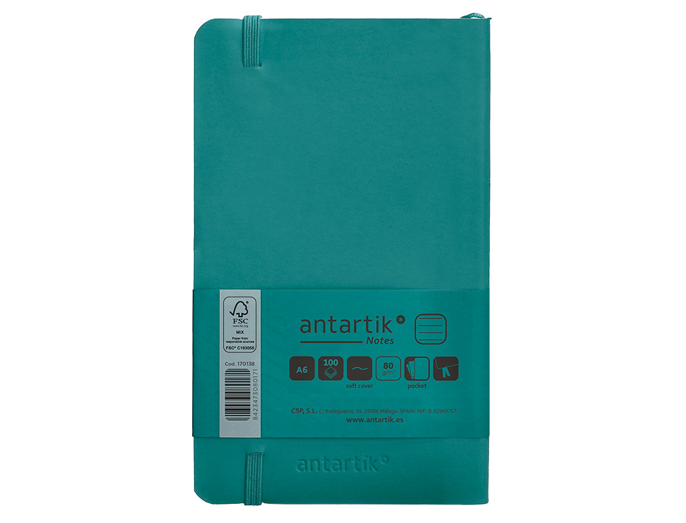 CADERNO COM ELASTICO ANTARTIK NOTES CAPA MOLE A6 PAUTADO VERDE AGUA-MARINHA 100 FOLHAS 80 GR FSC