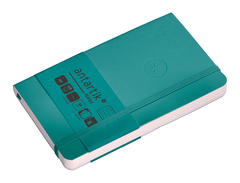 CADERNO COM ELASTICO ANTARTIK NOTES CAPA MOLE A6 PAUTADO VERDE AGUA-MARINHA 100 FOLHAS 80 GR FSC