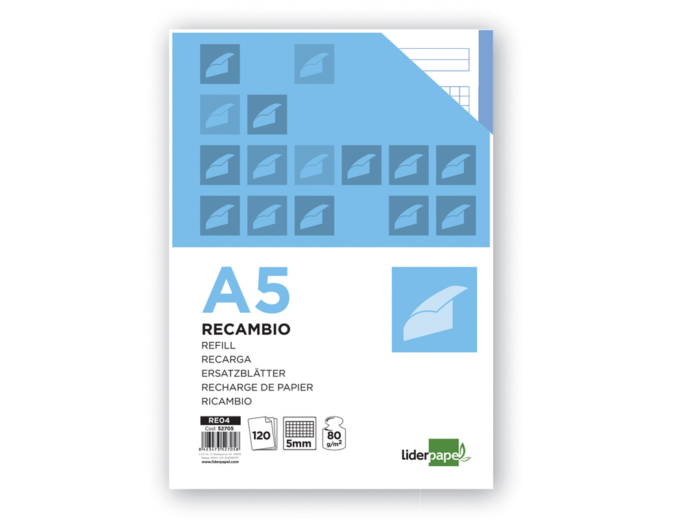 RECARGA LIDERPAPEL DIN A5 120+20 F QUADRICULADO 5 MM 6 FUROS SEM MARGEM BANDAS 5 CORES PAPEL 70 GR