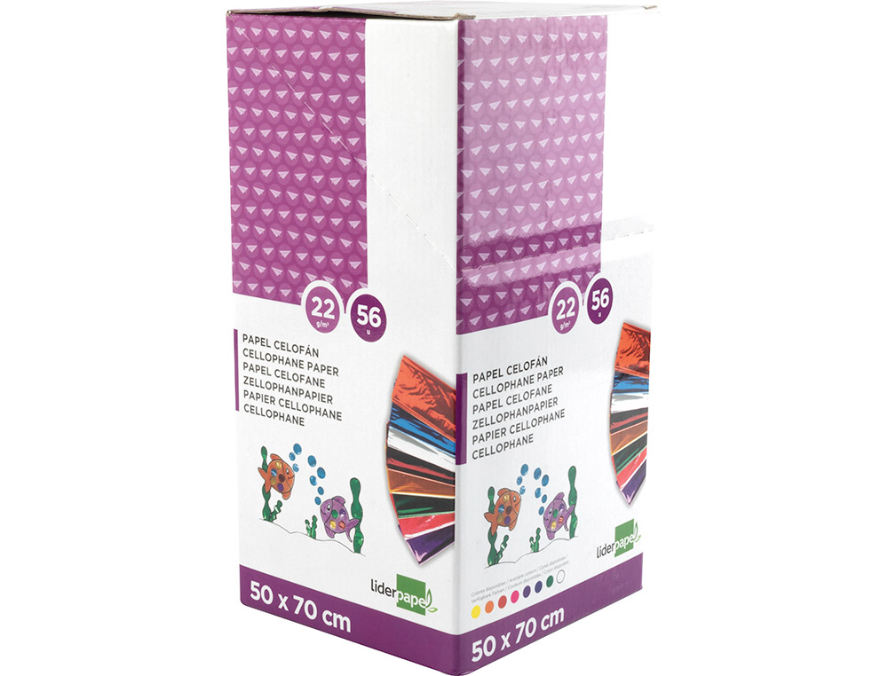 PAPEL CELOFANE LIDERPAPEL 50X70 EXPOSITOR 56 BOLSAS DE 5 FOLHAS 8 CORES SORTIDAS