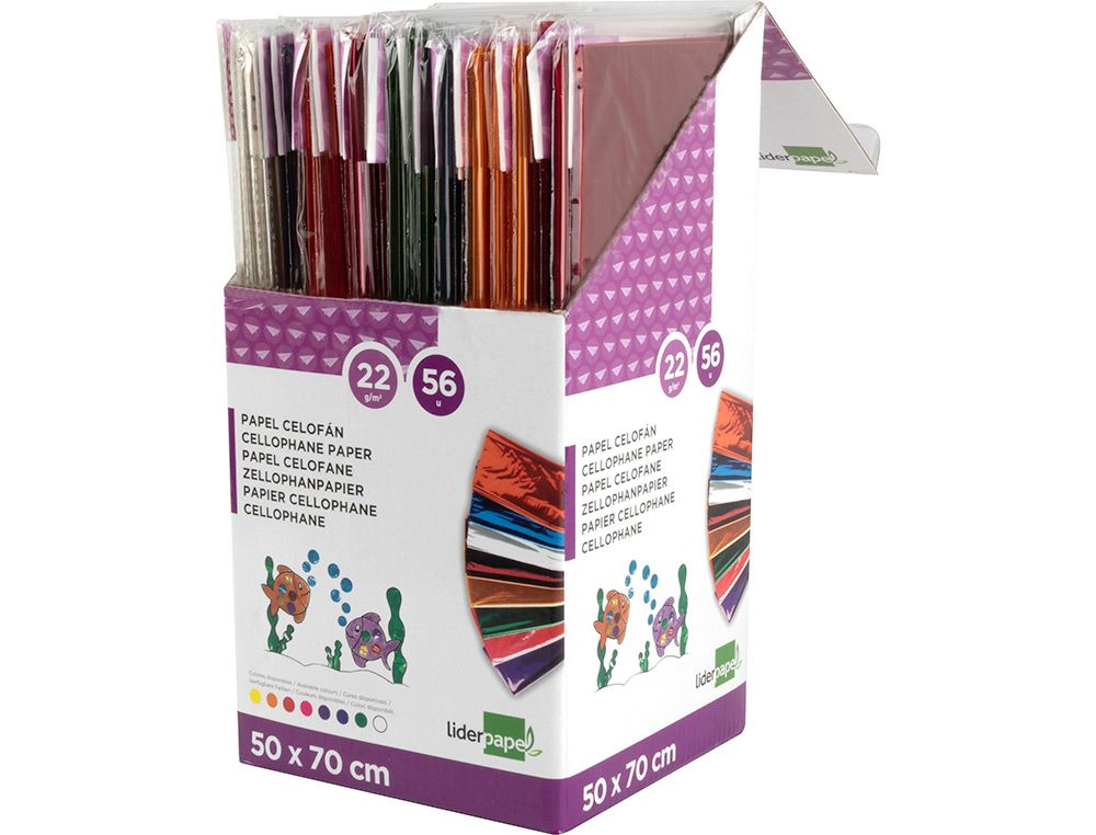 PAPEL CELOFANE LIDERPAPEL 50X70 EXPOSITOR 56 BOLSAS DE 5 FOLHAS 8 CORES SORTIDAS