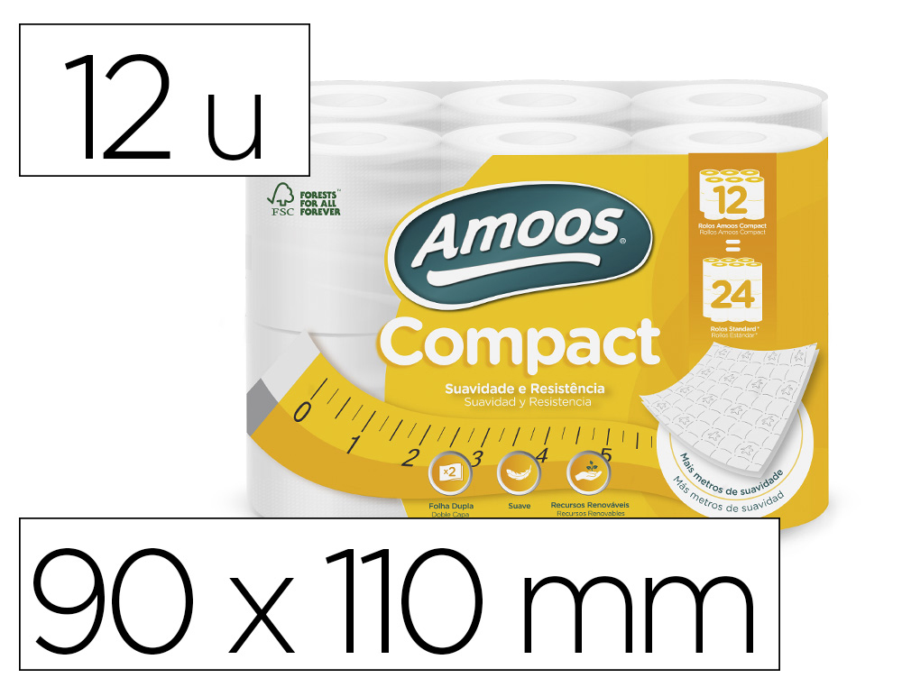 PAPEL HIGIENICO AMOOS 2 FOLHAS 110 MM DIAMETRO X 90 MM ALTURA 30 GR PACK DE 12 ROLOS