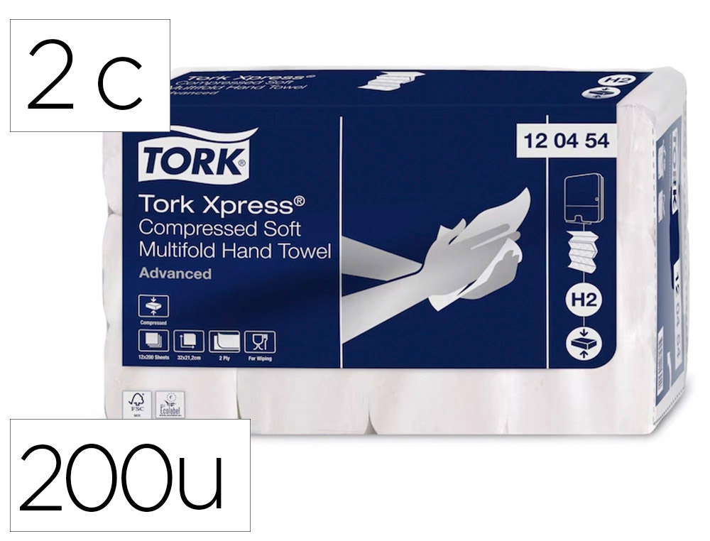 TOALHETES DE PAPEL 2 FOLHAS 21X32 CM PACK DE 200 UNIDADES PARA DISPENSADOR H2