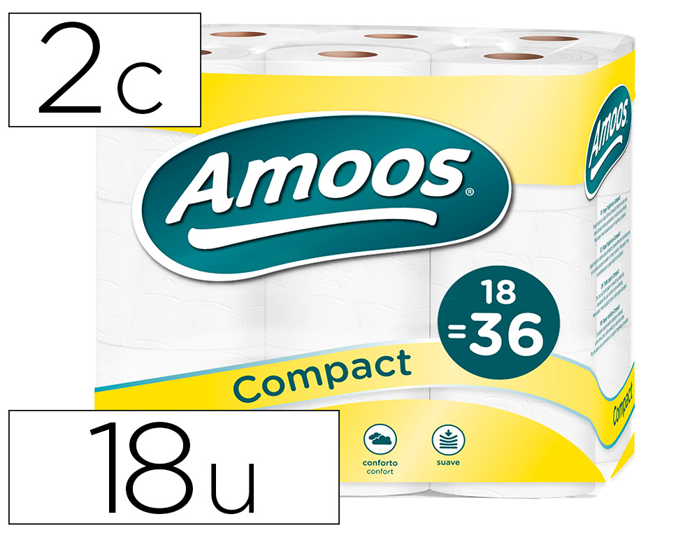 PAPEL HIGIENICO AMOOS DUPLO GRANDE 2 FOLHAS 120 MM DIAMETRO X 90 MM ALTURA PACK DE 18 ROLOS